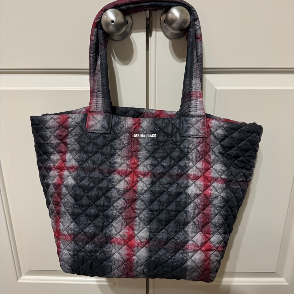 MZ Wallace Redwood Plaid Quilted Medium Metro Tote Black Gray Red